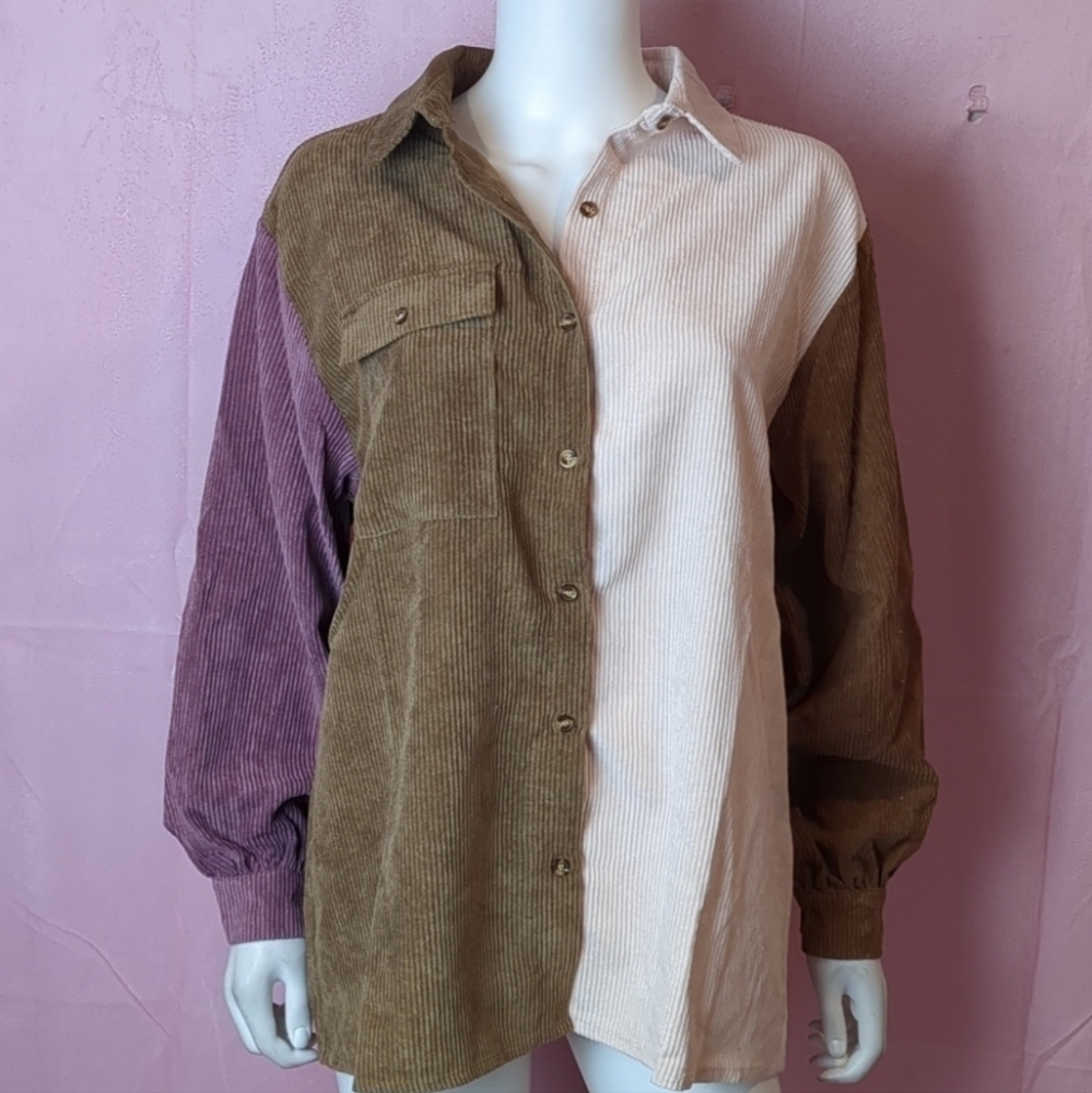 Nasty Gal Pink and Brown Corduroy Color Block Oversized Button Up Shirt size 6